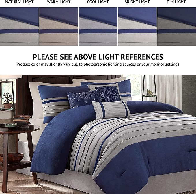 Madison Park Palmer Comforter Set-Luxury Faux Suede Design, Striped Accent, All Season Down Alternative Bedding, Matching Shams, Decorative Pillow, Bed Skirt, King (104 in x 92 in), Blue 7 Piece