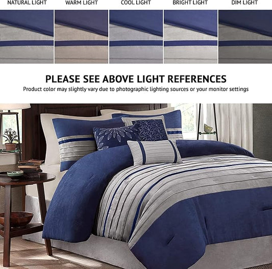 Madison Park Palmer Comforter Set-Luxury Faux Suede Design, Striped Accent, All Season Down Alternative Bedding, Matching Shams, Decorative Pillow, Bed Skirt, King (104 in x 92 in), Blue 7 Piece