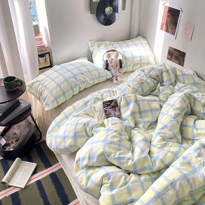 EAVD Buffalo Plaid Duvet Cover Twin Soft Washed Cotton Bedding Set Yellow Blue Grid Checkered Bedding Set with 2 Pillowcases Vintage Style Gingham Duvet Cover with Zipper Closure