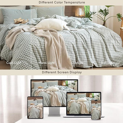 MooMee Gingham Duvet Cover Set 100% Washed Cotton Linen Like Textured Breathable Durable Soft Comfy Modern Checkered Design (Sage Green Gingham, Twin 68"x90")