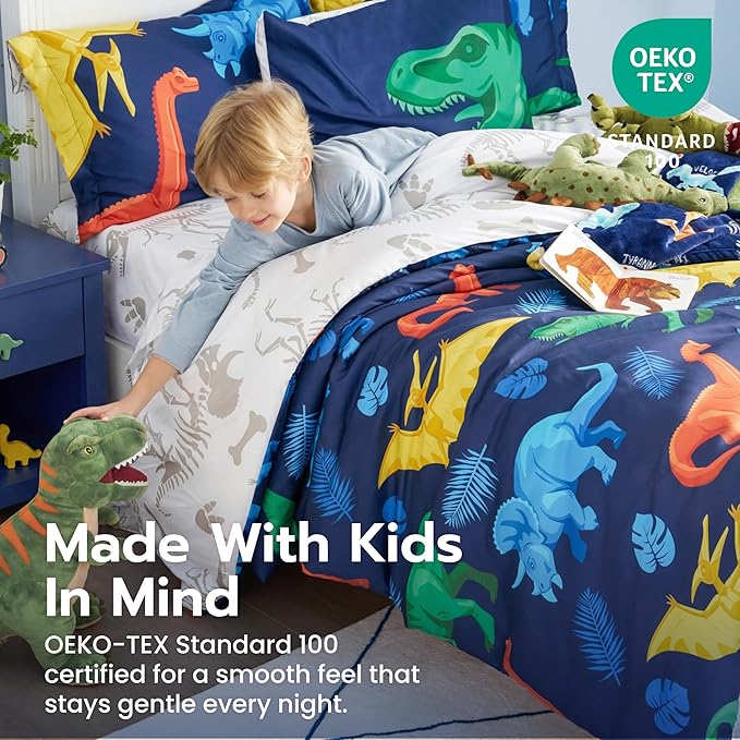 Joiedomi Kid Full Comforter Set 7 Piece Dinosaur Bedding Set for Boys Girls Super Soft Microfiber Bed in a Bag with Comforter Sheets Pillowcase Sham