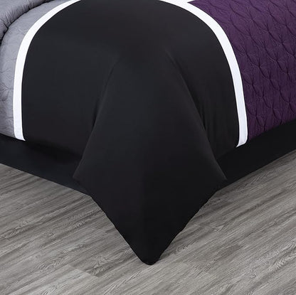 Chezmoi Collection Upland 7-Piece Quilted Patchwork Comforter Set, Purple/Black/Gray, California King