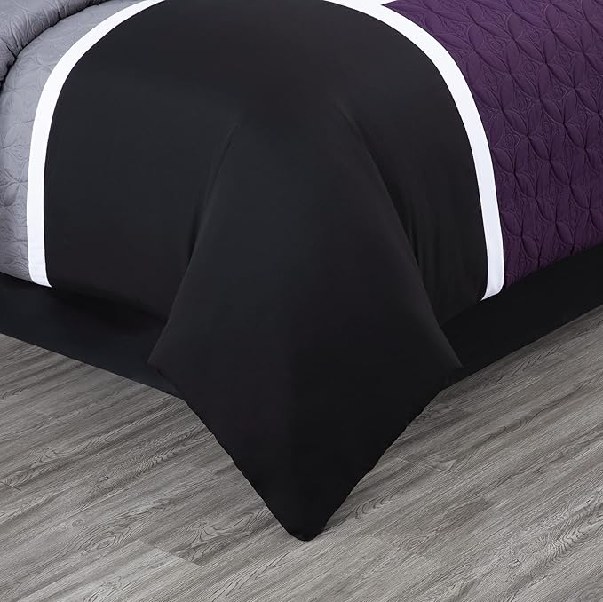 Chezmoi Collection Upland 7-Piece Quilted Patchwork Comforter Set, Purple/Black/Gray, King