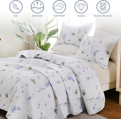 Queen Size Quilt Bedding Set, Lightweight White Floral Bed Quilts Reversible Elegant Bedspread Comforter Coverlets Sets with 2 Pillow Shams (90"×90")