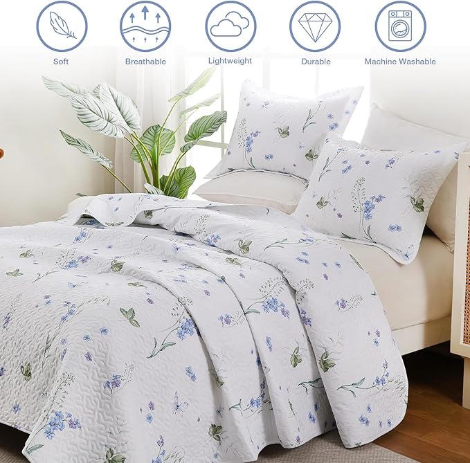 King Size Quilt Bedding Set, White Floral Lightweight Bed Quilts Botanical Patterned Elegant Bedspread Reversible Coverlet Sets with 2 Pillow Shams (104"×90")