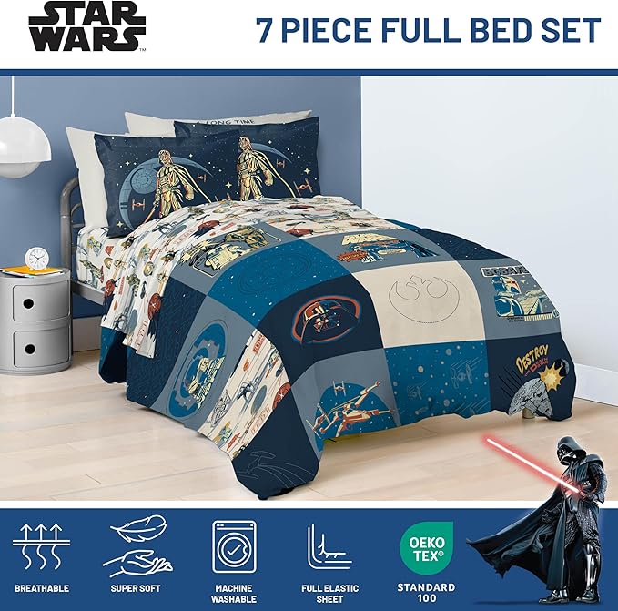 Jay Franco Kids Comforter Set Includes Sheets and Pillow Covers - Soft and Cozy Bed Set for Stylish Room Decor, Blue - Star Wars 01, 7 Piece Full Bedding