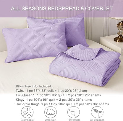 Exclusivo Mezcla Twin Size Quilt Set - Lilac Quilts Bedding Set with 2 Pillow Shams, Modern Bedspread with Striped Pattern, Soft Lightweight Bedspreads Coverlets for All Seasons