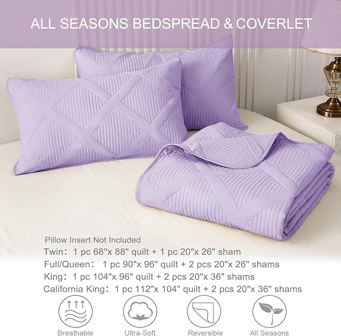 Exclusivo Mezcla King Quilt Set- Lilac Quilts Bedding Set with 2 Pillow Shams, Modern King Bedspread with Striped Pattern, Soft Lightweight Bedspreads Coverlets for All Seasons