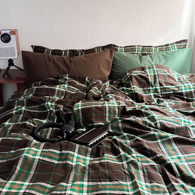 Brown & Green Buffalo Plaid Duvet Cover Set Twin 3 Piece Vintage Checkered Grid Bedding Set 100% Washed Cotton Plaid Comforter Cover Farmhouse Grid Pattern Breathable Duvet Cover with 2 Pillowcases