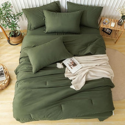 COTTEBED Ultra-Soft Twin Comforter Set with Sheets - 5 Pieces Bed in a Bag Twin Down Comforter & Bedding Sheet Sets, Lightweight Boho Washed Polycotton for Kids Boy Girls All Season, Dark Olive Green
