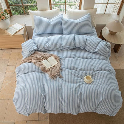 Luxury 100% Washed Cotton Linen Like Duvet Cover Set,3 Pcs Striped Duvet Cover with Zipper Closure(Strip-Cornflower Blue/White,Queen)
