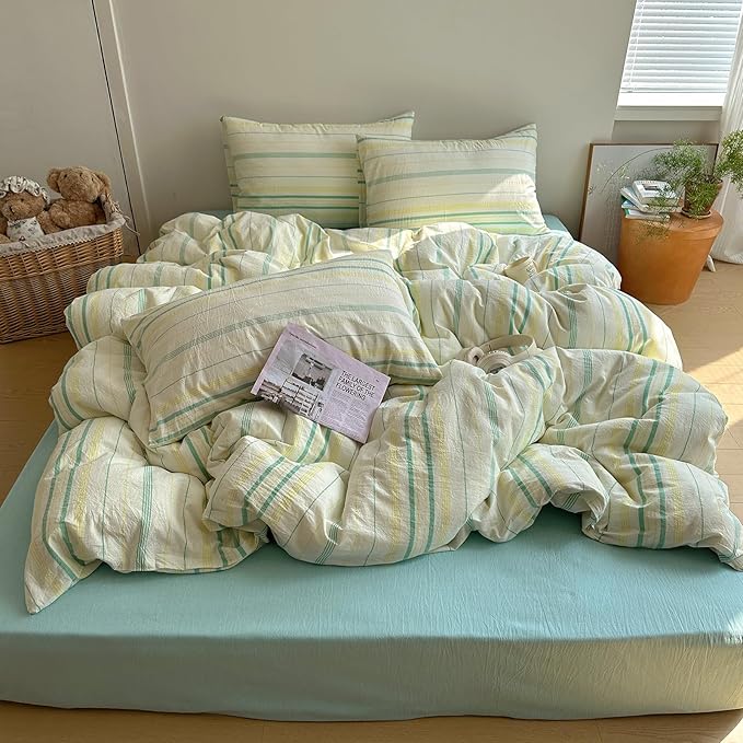 EAVD Vintage Striped Comforter Set Full Soft Cotton 3-Piece Boho Bedding Set with 2 Pillowcases Retro Yellow-Green Vertical Stripes Geometric Comforter Set for All-Season