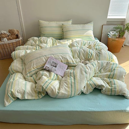 EAVD Vintage Striped Comforter Set Queen Soft Cotton 3-Piece Boho Bedding Set with 2 Pillowcases Retro Yellow-Green Vertical Stripes Geometric Comforter Set for All-Season