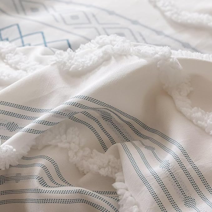 Houseri Tufted Blue Comforter Set California King Jacquard Bedding Shabby Chic Farmhouse Bed Sets Cal King