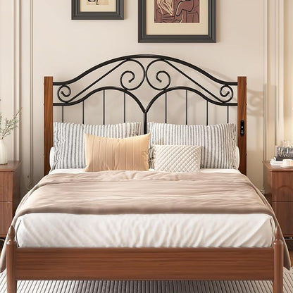 Headboard for Queen Size Bed Frame with Charging Station USB & Type C Ports | Vintage Platform Bed Headboard Only,Adjustable,Iron Legs,Easy Assembly,Black