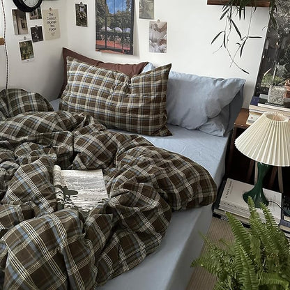 mixinni Vintage Buffalo Plaid Duvet Cover Set Queen Size - 3 Piece Washed Cotton Bedding Set with Grid Pattern, Soft & Breathable Duvet Cover with Pillowcases for All Seasons,(Brown & Blue,Beige)