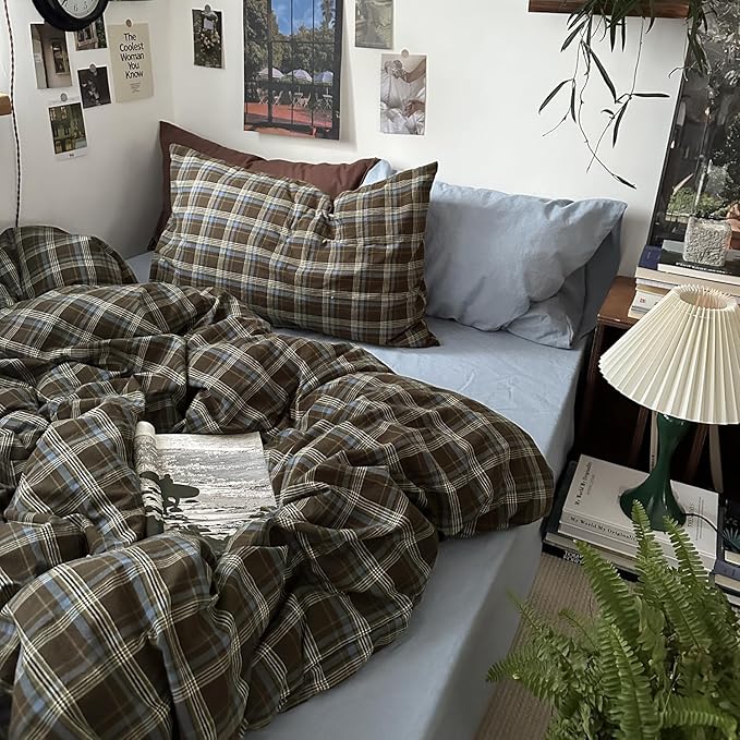 mixinni Vintage Brown & Blue Buffalo Plaid Duvet Cover Set Twin Size - 3 Piece Washed Cotton Bedding Set with Grid Pattern, Soft & Breathable Duvet Cover with Pillowcases for All Seasons