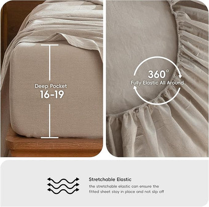 MooMee Bedding Sheet Set 100% Washed Cotton Linen Like Textured Breathable Durable Soft Comfy (Heathered Tannish Linen Grey, Twin XL)