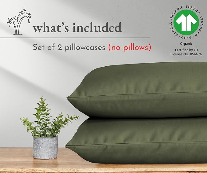 California Design Den 100% Organic Cotton Pillow Cases Queen/Standard Set of 2 - Soft & Crisp Percale, Fits Standard & Queen Pillows - Olive Green Pillowcases