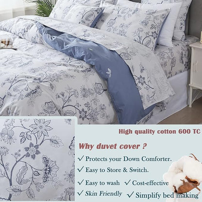 FADFAY Duvet Cover Set Full Floral Bedding Percale Cotton 600 TC Classical Toile Luxury Reversible Light Blue Shabby Vintage Farmhouse Bedding Minimalist Chic Comforter Cover Soft Breathable 3Pcs