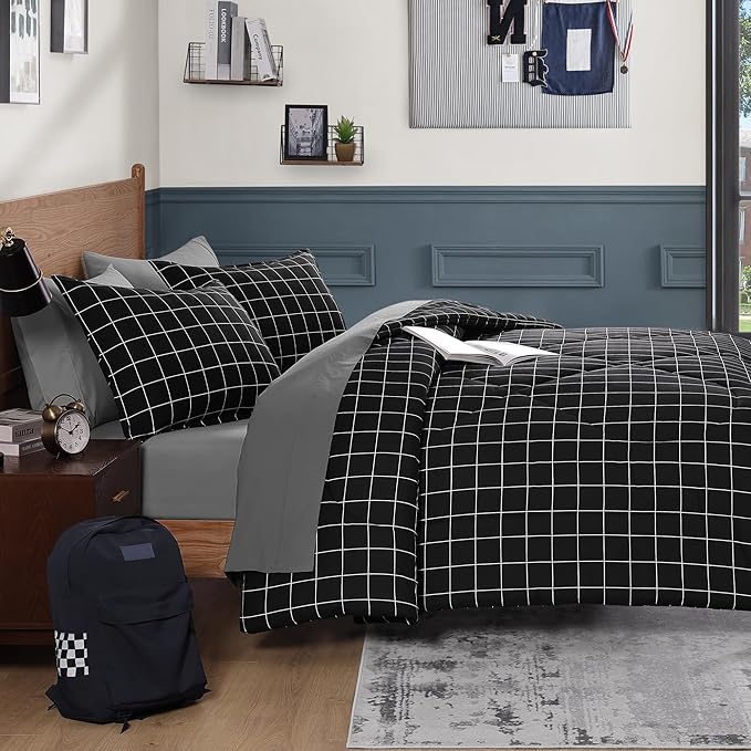 Andency Black Grid Comforter Set Full Size (79x90 Inch), 3 Pieces(1 Grid Comforter and 2 Pillowcases), Summer Lightweight Microfiber Down Alternative Black Comforter with White Lines