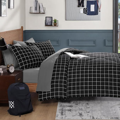 Andency Black Grid Comforter Set King Size (104x90 Inch), 3 Pieces(1 Grid Comforter and 2 Pillowcases), Summer Lightweight Microfiber Down Alternative Black Comforter with White Lines