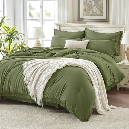 Andency Full Size Comforter Set with Sheets Olive Green -7 Pieces Bed in a Bag Boho Tassel Bedding Sets, All Season Fringe Bed Set with Comforter, Sheets, Pillowcases & Shams