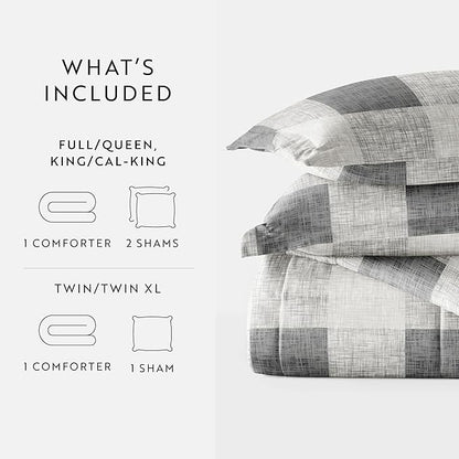 LINENS & HUTCH Comforter Set Patterned Microfiber All Season Down-Alternative Ultra Soft Bedding in Gingham - Twin/TwinXL Gingham Gray
