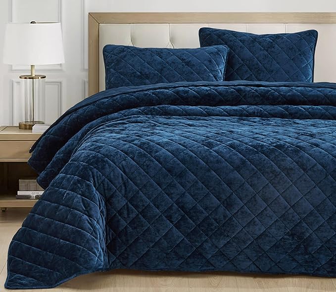 Chezmoi Collection Lux Navy Blue Velvet Quilt King Set, 3-Piece Plush Distressed Velvet Bedding All Season Lightweight Comforter Brushed Microfiber Reverse with Diamond Stitch Quilting