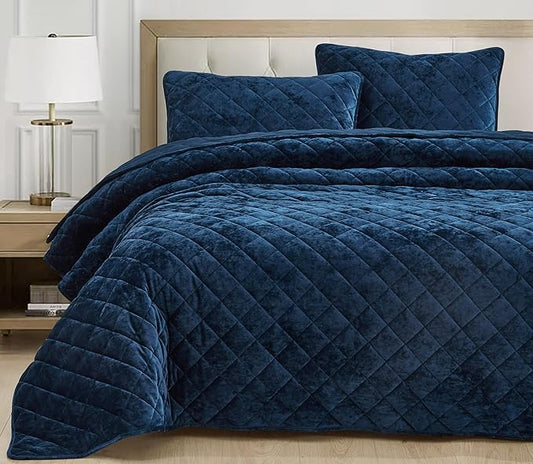 Chezmoi Collection Lux Navy Blue Velvet Quilt King Set, 3-Piece Plush Distressed Velvet Bedding All Season Lightweight Comforter Brushed Microfiber Reverse with Diamond Stitch Quilting