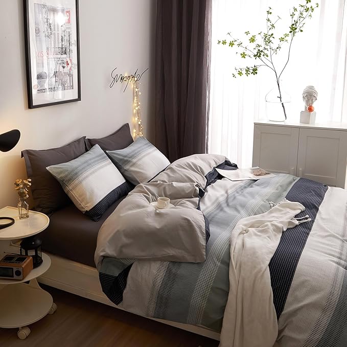 VM VOUGEMARKET Striped Comforter Set Queen Blue Gray Stripes Comforter with 2 Pillowcases Simple Modern Bedding Set Bed in a Bag All Season Queen Comforter Set for Teens Adults