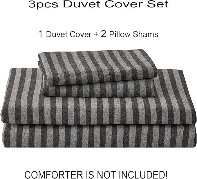 PURE ERA Jersey Knit Duvet Cover Set 100% T-Shirt Heather Cotton Super Soft Comfy Classic Striped Design, with Zipper Closure, Charcoal Dark Grey Stripe, Cal King