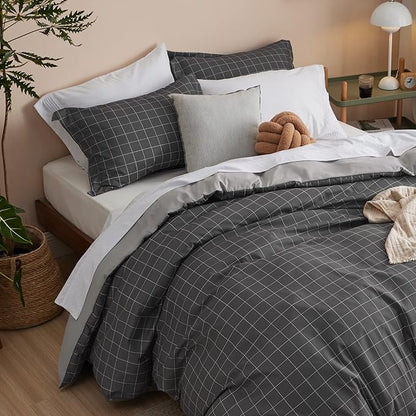 Bedsure Duvet Cover King Size - Reversible Plaid Duvet Cover Set with Zipper Closure, 3 Pieces Dark Grey Bedding Set with 8 Corner Ties and 2 Pillow Shams 20"x36"
