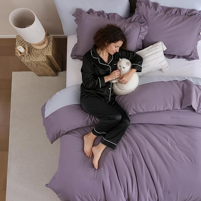 JANZAA King Size Comforter Set Grayish Purple Ruffle Comforter 3PCS Soft Fluffy Boho Comforter Vintage Farmhouse Bed Comforter Set Shabby Chic Bedding with 2 Pillowcases for All Season