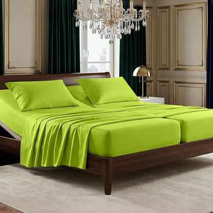 Elegant Comfort Luxurious 1500 Premium Hotel Quality Microfiber Three Line Embroidered Softest 5-Piece Bed Sheet Set, Wrinkle and Fade Resistant, Split King, Lime