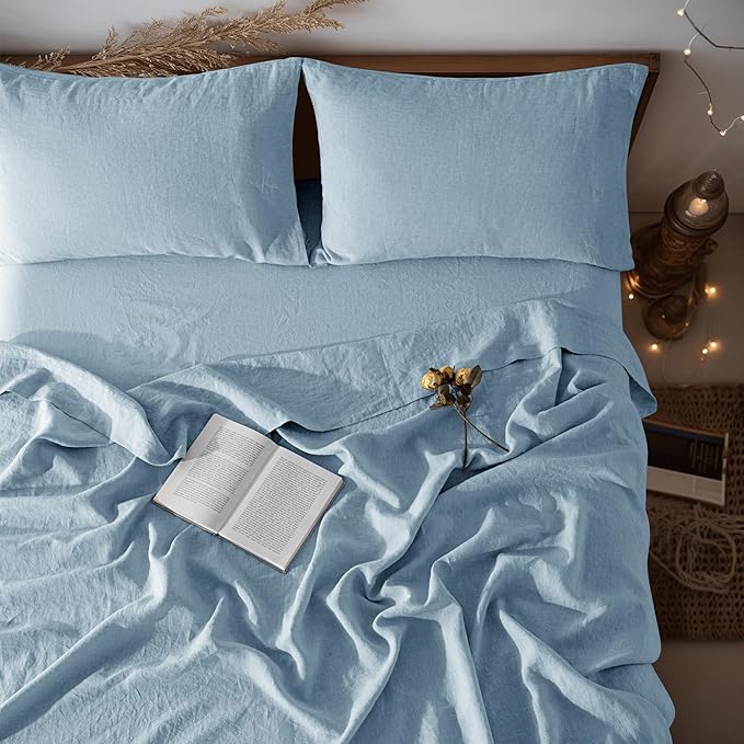 LBRO2M 100% Pure Linen Sheet Set Deep Pocket Up to 16" Bed Sheets Sets, Natural Flax Beddings Soft, Breathable, Comfortable for All Seasons 4 Pcs Sheet Set King Size, Dusty Blue