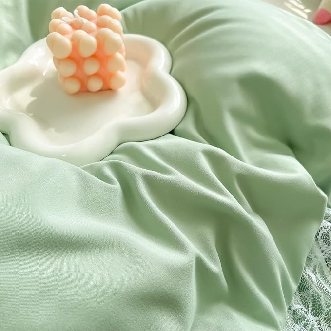 MOOWOO Chic Ruffle Lace Polyester Duvet Cover Set -Girl Green Bedding-3 Piece Full Duvet Cover with Zipper Closure -Ultra Soft and Light Weight
