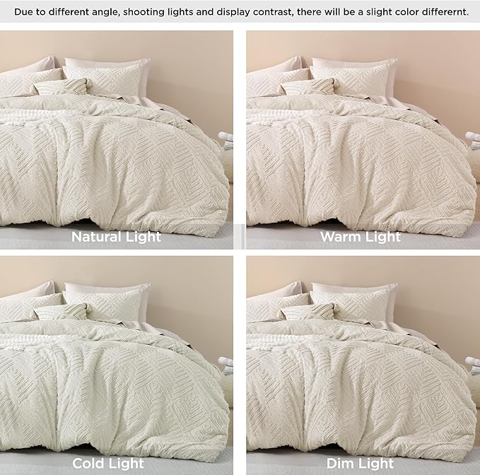 Litanika Beige Oversized Queen Comforter, 3 Pieces Cream Tufted Boho Farmhouse Bedding Comforter Sets, Lightweight Fluffy Comforter Bed Set for All Season (98x98In Comforter and 2 Pillowcases)