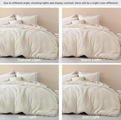 Litanika Beige Oversized Queen Comforter, 3 Pieces Cream Tufted Boho Farmhouse Bedding Comforter Sets, Lightweight Fluffy Comforter Bed Set for All Season (98x98In Comforter and 2 Pillowcases)