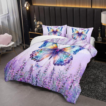 Lavender Comforter Set King Size,Violet Flower Butterfly 3 Piece Bedding Set Lightweight Down Alternative Spring Violet Bed Comforter and 2 Pillowcases for All Seasons