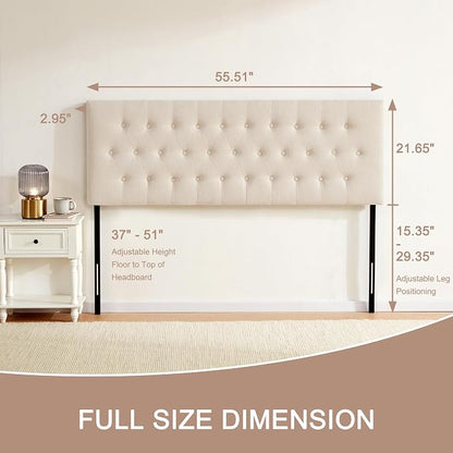 Tufted Upholstered Headboard Full Size, Adjustable Height 37- 51 in, Beige | Sturdy and Durable Solid Wood Full XL Headboard, Fabric Full Headboard Only, Modern Button Diamond Design Head Board
