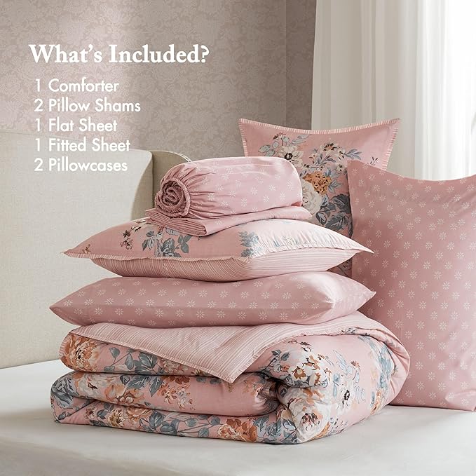 Madison Park Essentials Floral Comforter Set Full Size, Vintage Flower Bedding Set with Sheet Set, 7 Pieces Bed in a Bag with Reversible Botanical Comforter and Pillowcases & Shams, Heather, Pink