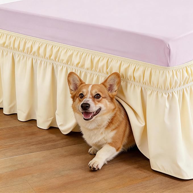 RIMELA Butter Yellow Bed Skirt Full Size 15 Inch Drop, Elastic Bed Skirting for Bed Base and Frame, Bedding Dust Ruffle Easy to Install, Lightweight Wrap Around Adjustable Bedskirt