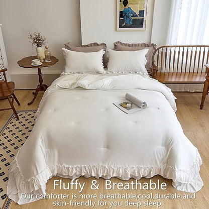 AIKASY White Comforters Twin Size Set, Vintage Boho Chic Farmhouse Bedding Sets Shabby Ruffle Queen Bed Comforter Bedding 3PCS（1 Comforter and 2 Pillowcases）