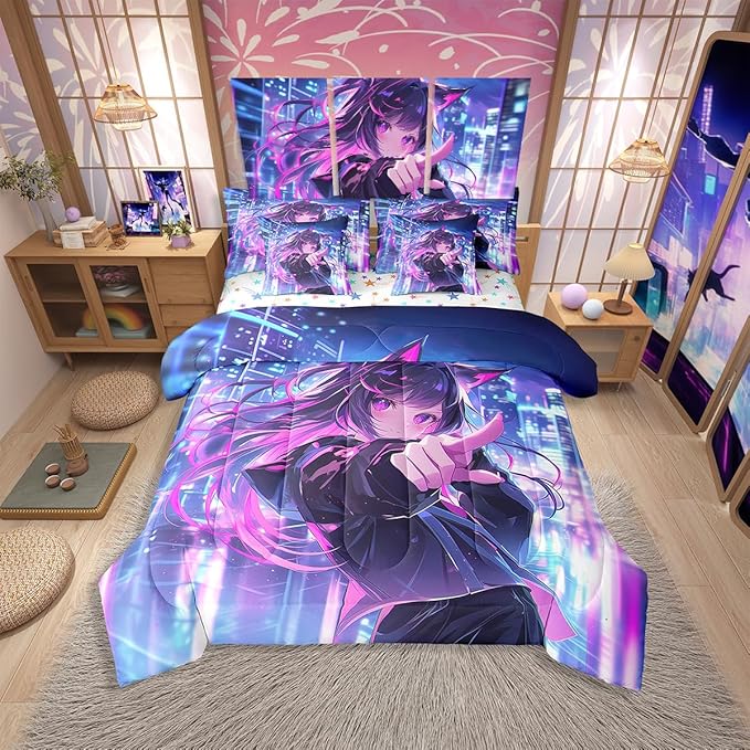 Erosebridal Kids Anime Girl 7 Piece Comforter Set Queen Bed in A Bag, Japanese Anime Bedding Sets, Cartoon Girl Sheet Set with Comforter for Boys Teens Adult, Kawaii Japanese Animation Bed Sets