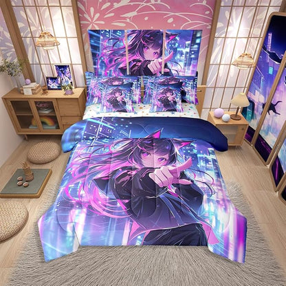 Erosebridal Kids Anime Girl 7 Piece Comforter Set King Bed in A Bag, Japanese Anime Bedding Sets, Cartoon Girl Sheet Set with Comforter for Boys Teens Adult, Kawaii Japanese Animation Bed Set