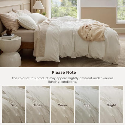 Bedsure 100% Washed Cotton Duvet Cover King Size - Ivory Minimalist Bedding Set Linen Like - PureWoven Plain Simple & Soft Comforter Cover for All Seasons, 3 Pieces (Ivory, King, 104"x90")