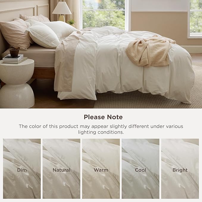 Bedsure 100% Washed Cotton Duvet Cover Queen Size - Ivory Minimalist Bedding Set Linen Like - PureWoven Plain Simple & Soft Comforter Cover for All Seasons, 3 Pieces (Ivory, Queen, 90"x90")