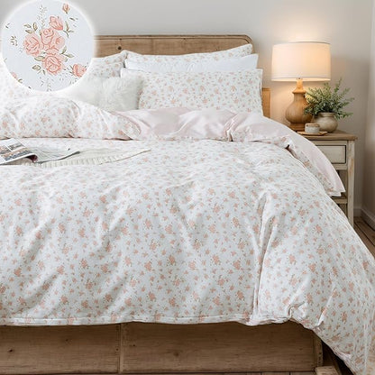 FADFAY Pink Floral Duvet Cover Set - King/Cal King Comforter, 100% Cotton, Girls' Blush Bedding with 2 Pillowcases