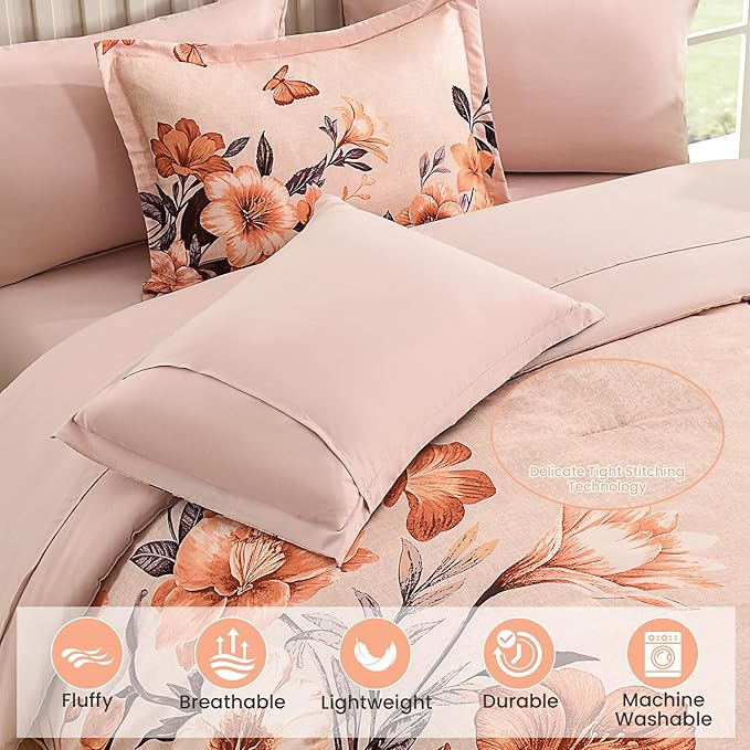 Floral Comforter Set Queen Size,7 Piece Orange Bed in a Bag, Elegant Flower Pattern Comforter Set with Sheet, Soft Microfiber Complete Bedding Sets for All Season